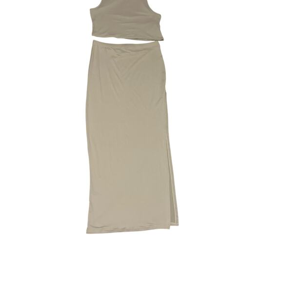 Micas Women's Large Beige Crop Sleeveless Crew Neck Top Slit Midi Skirt Set - Picture 4 of 10